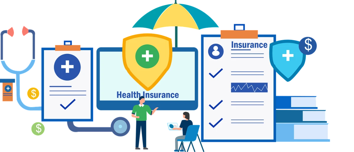 An illustration representing health insurance, featuring medical clipboards,dollar signs and checklists throughout.
