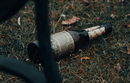 A discarded beer bottle lying on its side in dry grass, symbolizing substance use and addiction